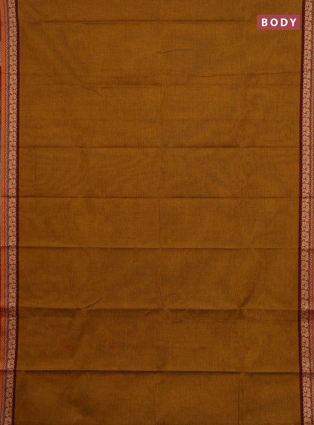 Chettinad cotton saree mustard yellow and maroon with thread woven buttas and small thread woven border