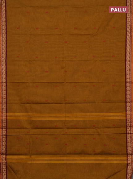 Chettinad cotton saree mustard yellow and maroon with thread woven buttas and small thread woven border