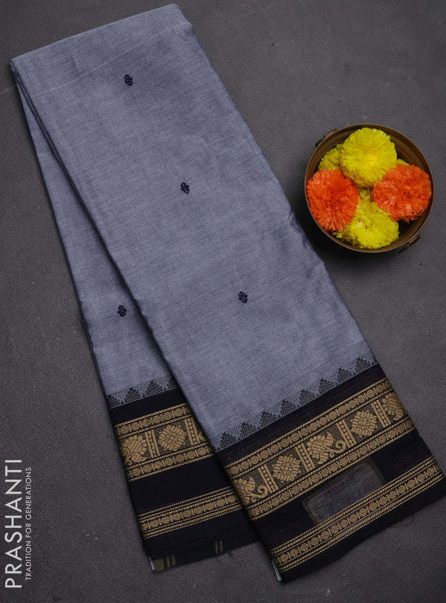 Chettinad cotton saree grey and navy blue with thread woven buttas and rettapet thread woven border