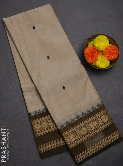 Chettinad cotton saree beige and mustard green with thread woven buttas and rettapet thread woven border