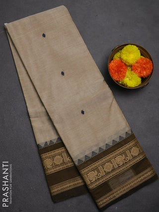 Chettinad cotton saree beige and mustard green with thread woven buttas and rettapet thread woven border