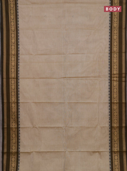 Chettinad cotton saree beige and mustard green with thread woven buttas and rettapet thread woven border
