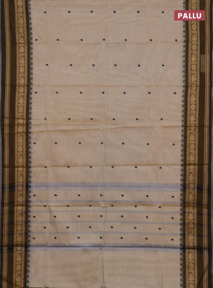 Chettinad cotton saree beige and mustard green with thread woven buttas and rettapet thread woven border