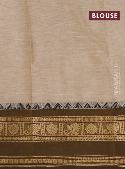 Chettinad cotton saree beige and mustard green with thread woven buttas and rettapet thread woven border