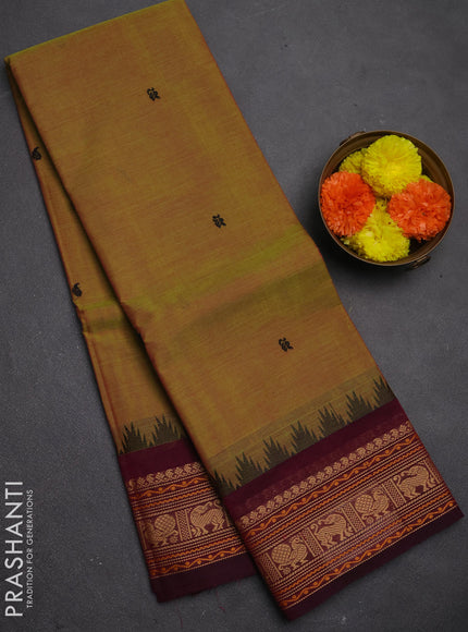 Chettinad cotton saree mustard green and mageta pink with thread woven buttas and thread woven border