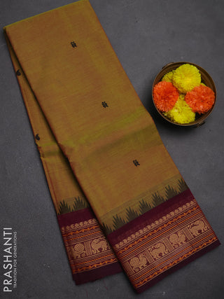 Chettinad cotton saree mustard green and mageta pink with thread woven buttas and thread woven border