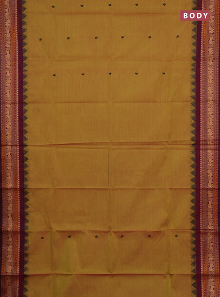 Chettinad cotton saree mustard green and mageta pink with thread woven buttas and thread woven border