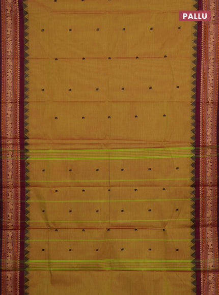 Chettinad cotton saree mustard green and mageta pink with thread woven buttas and thread woven border