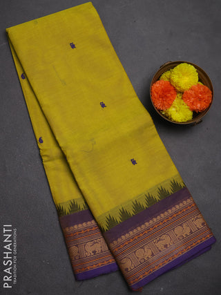 Chettinad cotton saree lime green and lavender with thread woven buttas and thread woven border