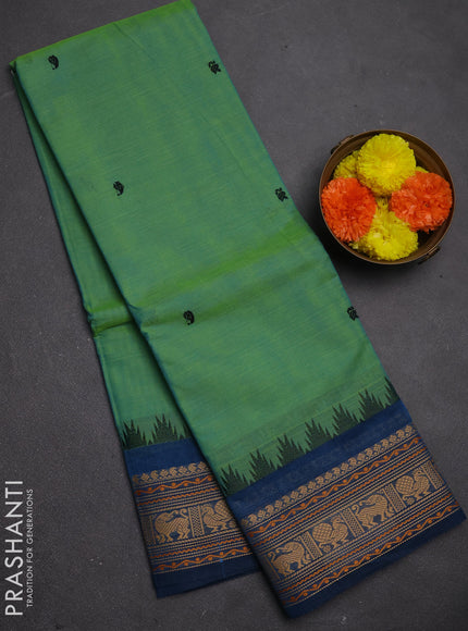 Chettinad cotton saree teal green and peacock blue with thread woven buttas and thread woven border