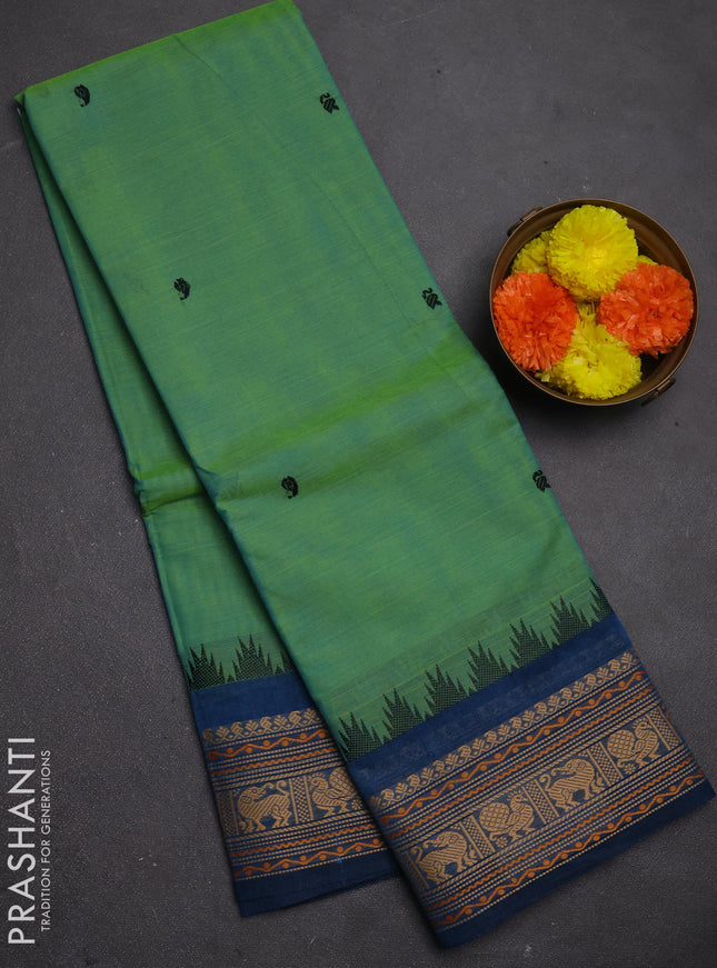 Chettinad cotton saree teal green and peacock blue with thread woven buttas and thread woven border