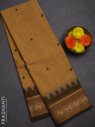Chettinad cotton saree sandal and mustard green with zari woven buttas and thread woven border