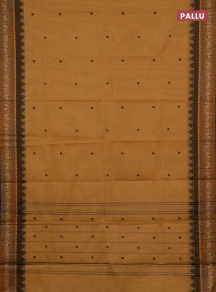 Chettinad cotton saree sandal and mustard green with zari woven buttas and thread woven border