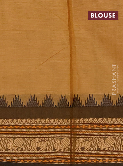 Chettinad cotton saree sandal and mustard green with zari woven buttas and thread woven border