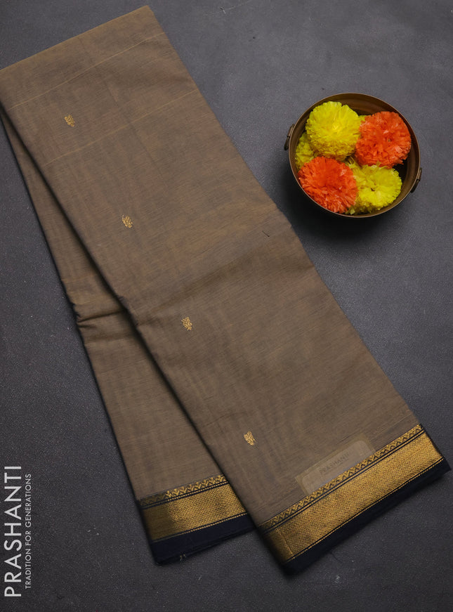 Chettinad cotton saree chikkku shade and black with zari woven buttas and small zari woven border
