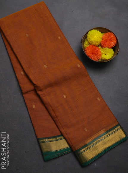 Chettinad cotton saree dark mustard and green with zari woven buttas and small zari woven border