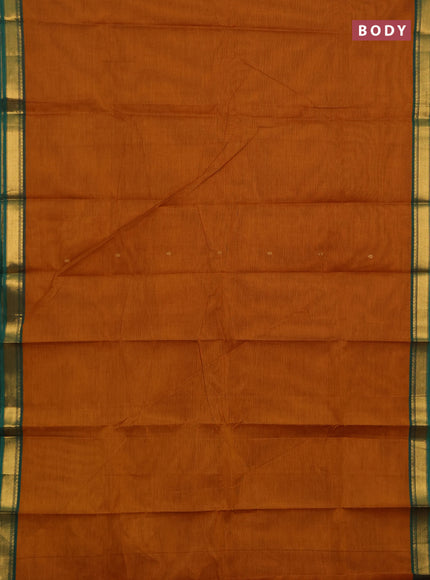 Chettinad cotton saree dark mustard and green with zari woven buttas and small zari woven border