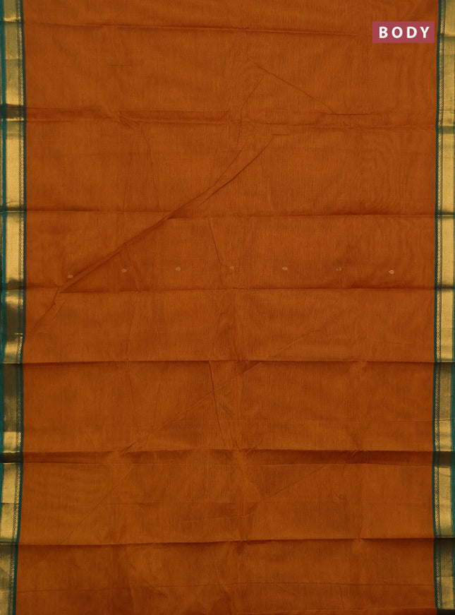 Chettinad cotton saree dark mustard and green with zari woven buttas and small zari woven border