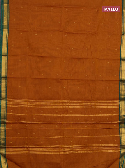 Chettinad cotton saree dark mustard and green with zari woven buttas and small zari woven border