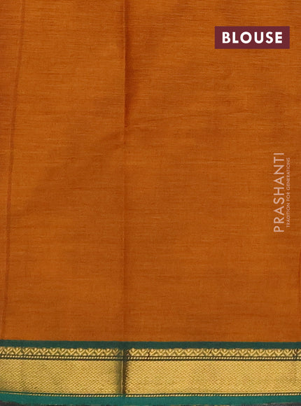 Chettinad cotton saree dark mustard and green with zari woven buttas and small zari woven border