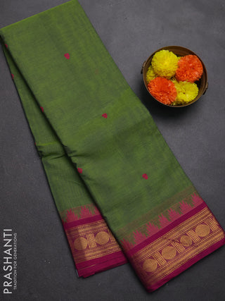 Chettinad cotton saree light green and pink with thread woven buttas and zari woven border
