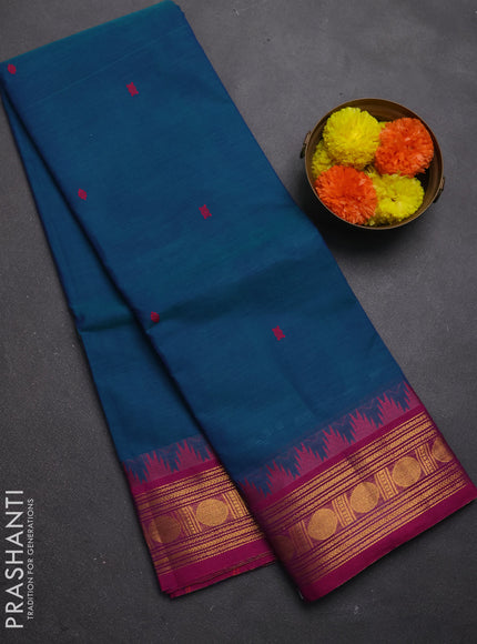Chettinad cotton saree peacock blue and pink with thread woven buttas and zari woven border