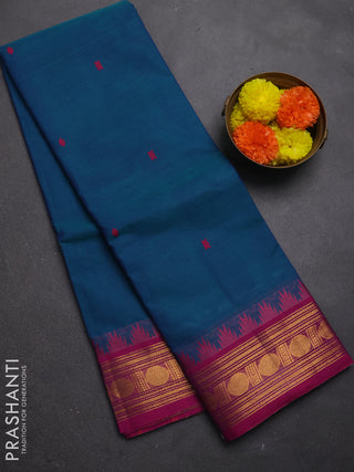 Chettinad cotton saree peacock blue and pink with thread woven buttas and zari woven border