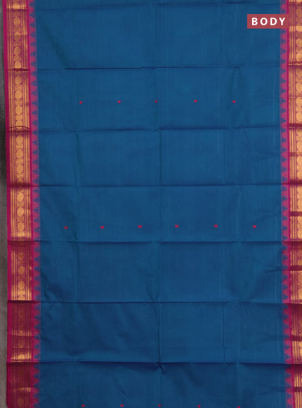 Chettinad cotton saree peacock blue and pink with thread woven buttas and zari woven border