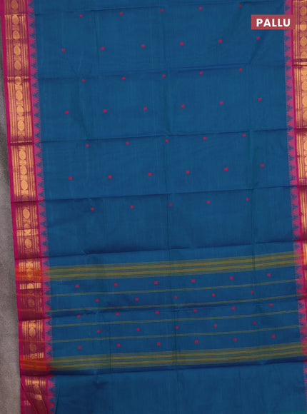 Chettinad cotton saree peacock blue and pink with thread woven buttas and zari woven border