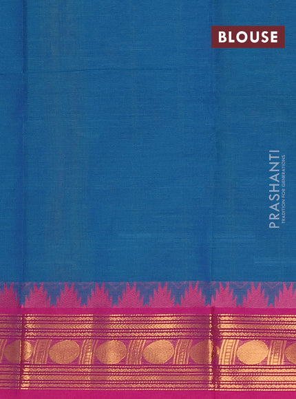Chettinad cotton saree peacock blue and pink with thread woven buttas and zari woven border