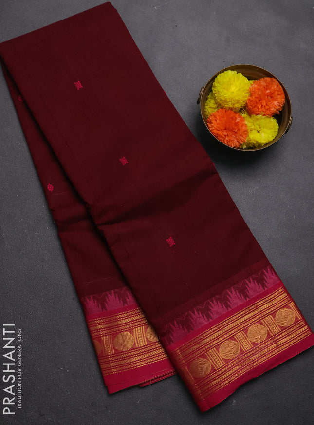 Chettinad cotton saree deep wine shade and pink with thread woven buttas and zari woven border