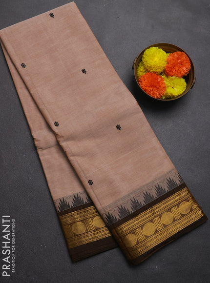 Chettinad cotton saree sandal and mustard green with thread woven buttas and zari woven border