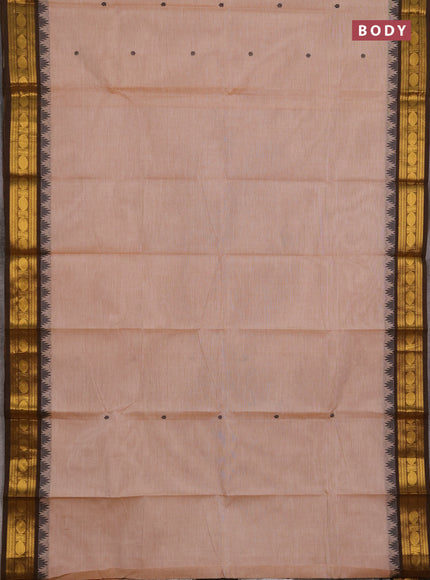 Chettinad cotton saree sandal and mustard green with thread woven buttas and zari woven border