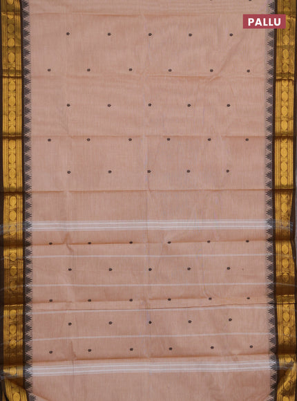 Chettinad cotton saree sandal and mustard green with thread woven buttas and zari woven border