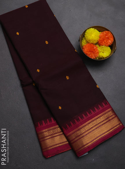 Chettinad cotton saree coffee brown and magenta pink with thread woven buttas and zari woven border