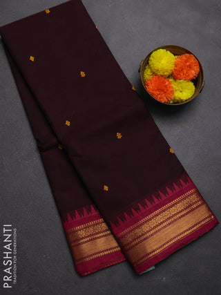 Chettinad cotton saree coffee brown and magenta pink with thread woven buttas and zari woven border
