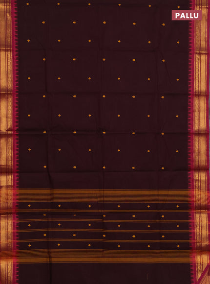 Chettinad cotton saree coffee brown and magenta pink with thread woven buttas and zari woven border