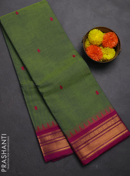 Chettinad cotton saree light green and pink with thread woven buttas and zari woven border