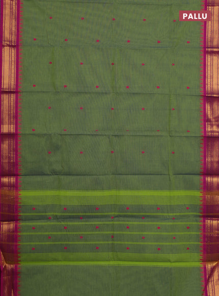 Chettinad cotton saree light green and pink with thread woven buttas and zari woven border