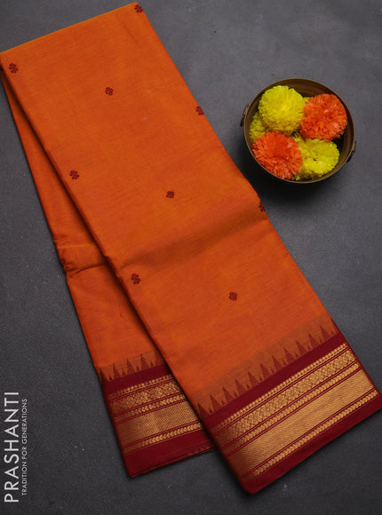 Chettinad cotton saree orange and maroon with thread woven buttas and zari woven border