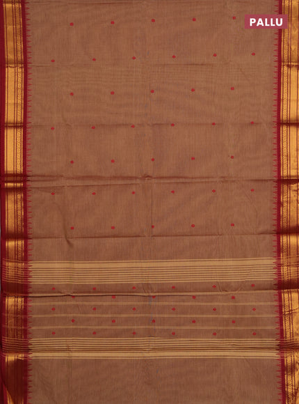 Chettinad cotton saree pastel brown and maroon with thread woven buttas and zari woven border