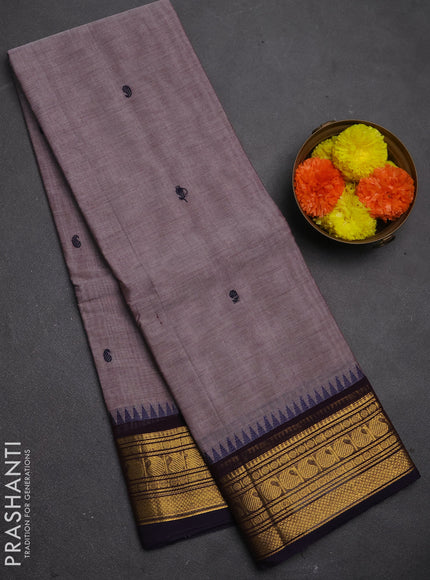 Chettinad cotton saree greish brown and deep jamun with thread woven buttas and zari woven border