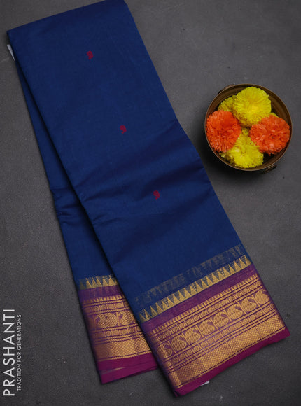 Chettinad cotton saree blue and pink with thread woven buttas and zari woven border