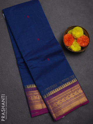 Chettinad cotton saree blue and pink with thread woven buttas and zari woven border