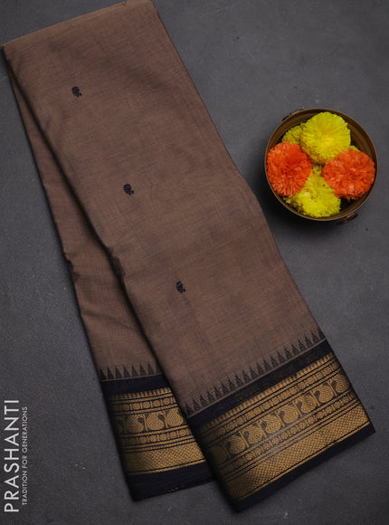 Chettinad cotton saree pastel brown and navy blue with thread woven buttas and zari woven border