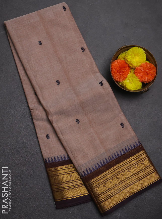 Chettinad cotton saree pastel brown and blue with thread woven buttas and zari woven border