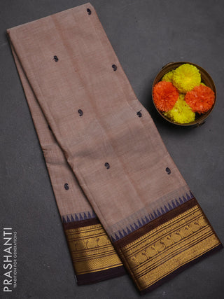 Chettinad cotton saree pastel brown and blue with thread woven buttas and zari woven border