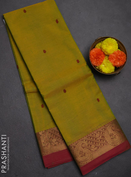 Chettinad cotton saree mustard green and pink with thread woven buttas and zari woven border