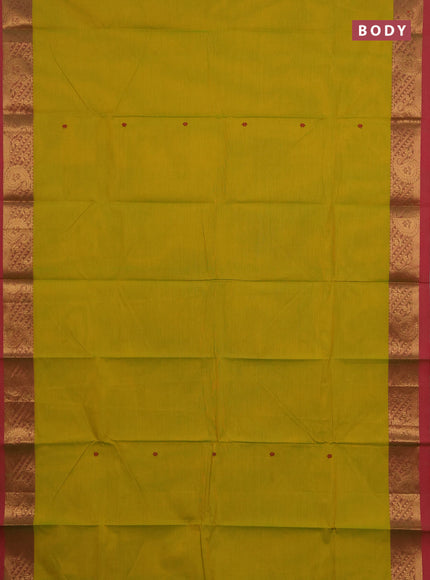 Chettinad cotton saree mustard green and pink with thread woven buttas and zari woven border