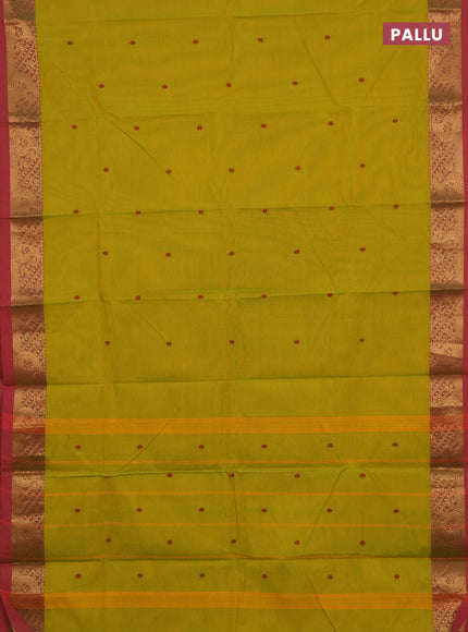 Chettinad cotton saree mustard green and pink with thread woven buttas and zari woven border